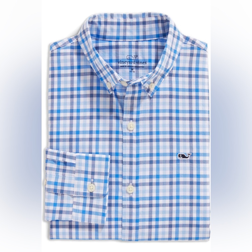 New Vineyard Vines Kids’ Gingham Long Sleeve Button Up Shirt. Blue. Size XL